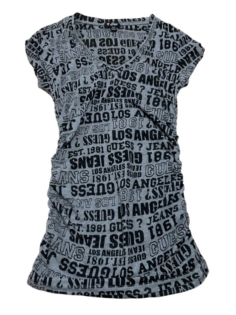 Guess V-Neck Logo Print T-Shirt Sz S Gray Short Sleeve Semi Sheer Ruched Womens